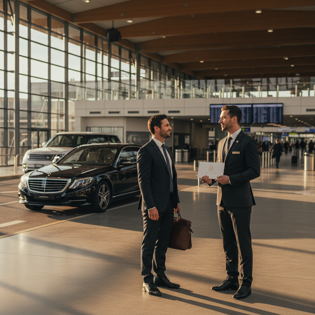 A professionally dressed male chauffeur in a dark suit holding a discreet welcome sign, warmly greeting a business trave