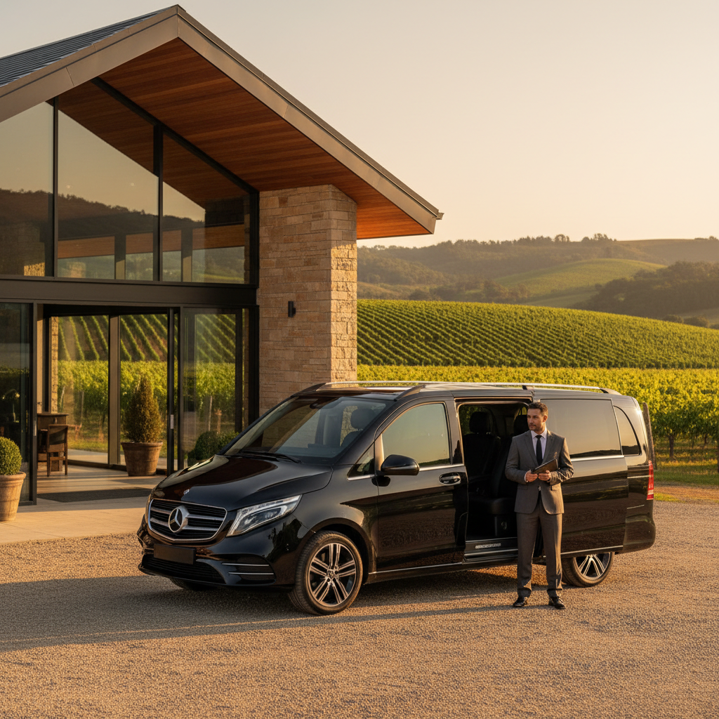 A professional editorial photograph of a gleaming black Mercedes-Benz V-Class van parked on a neat gravel driveway in fr