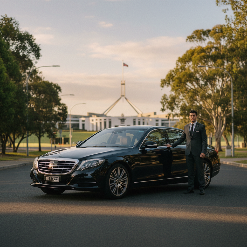 A discreet, gleaming black Mercedes-Benz S-Class sedan is parked on a quiet street in Canberra, with the iconic Australi