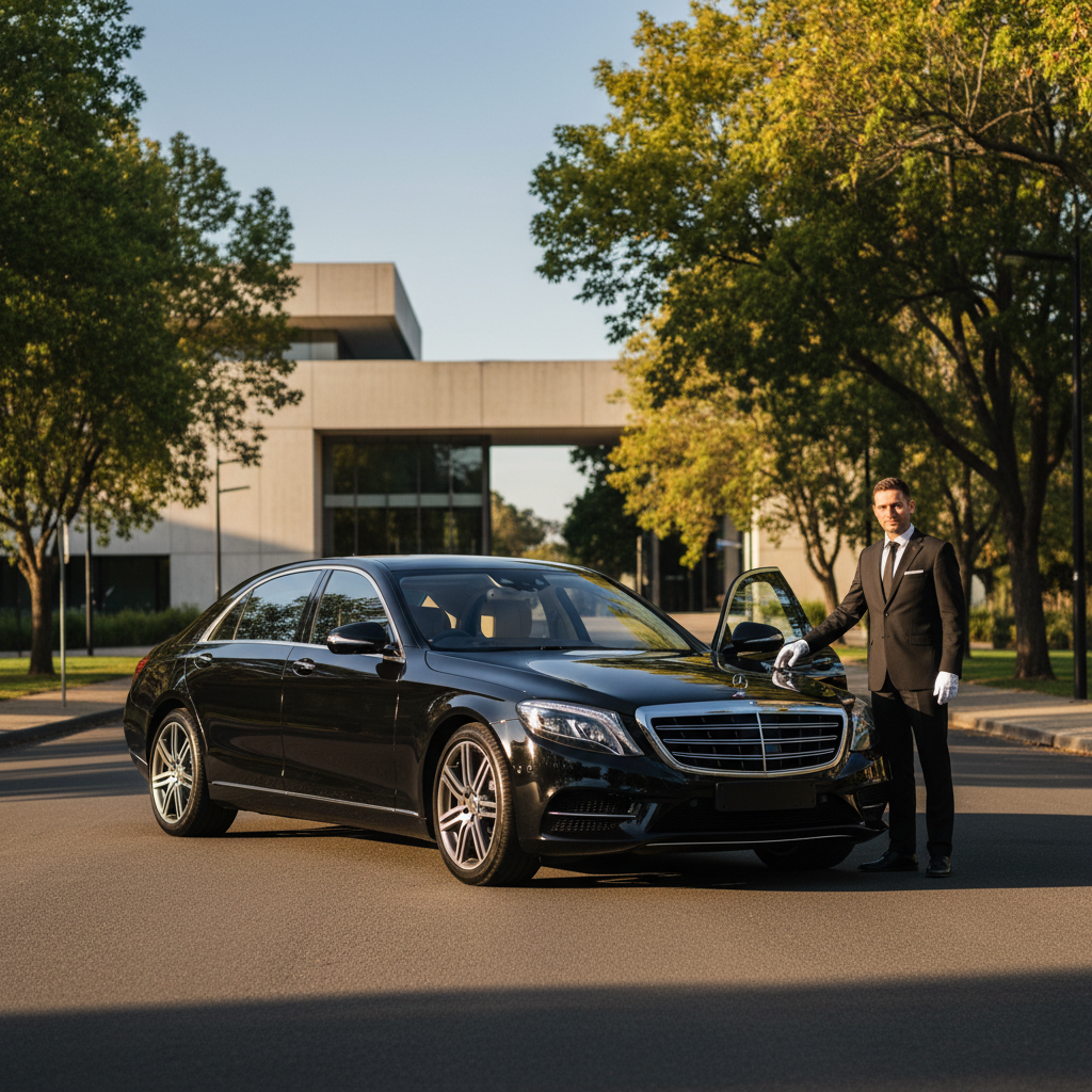 A pristine, black Mercedes-Benz S-Class sedan is parked discreetly on a quiet street in front of the modern architecture